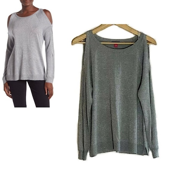 Vince Camuto Silver Sparkly Metallic Cold Shoulder Sweater - Picture 6 of 6